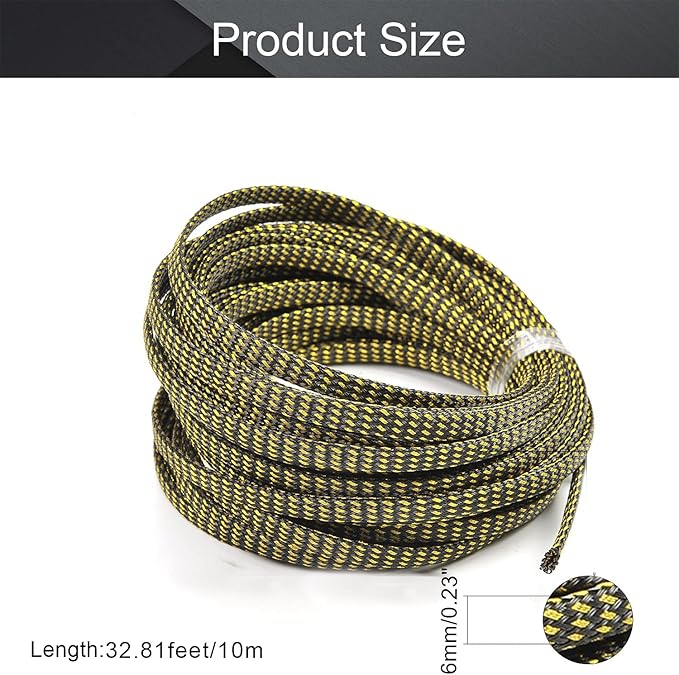 Aicosineg 32.81ft PET Flexible Braided Cable Sleeve 0.25inch Width Wire Loom Sleeving and Organizer Flexible Wire Mesh Sleeve Wrap Protector for TV Audio PC Cords from Pets Chewing Black and Gold