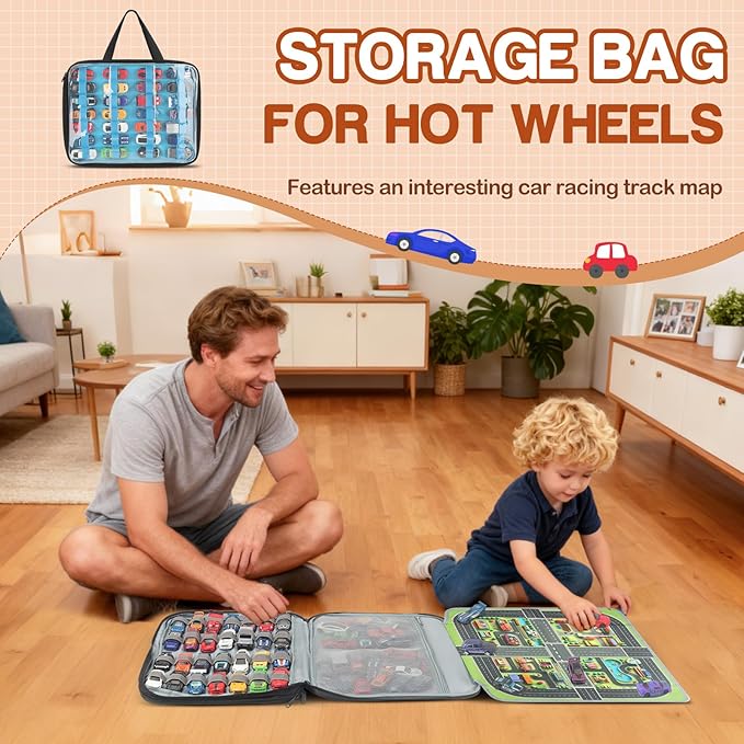 56 Slots Car Storage Case with Play Mat for Hot Wheels Garage & Matchbox Cars, 1/64 Scale Diecast Toy Car for Double-Sided Storage Carrying Bag, Portable Organizer for Hot Wheels Display Case