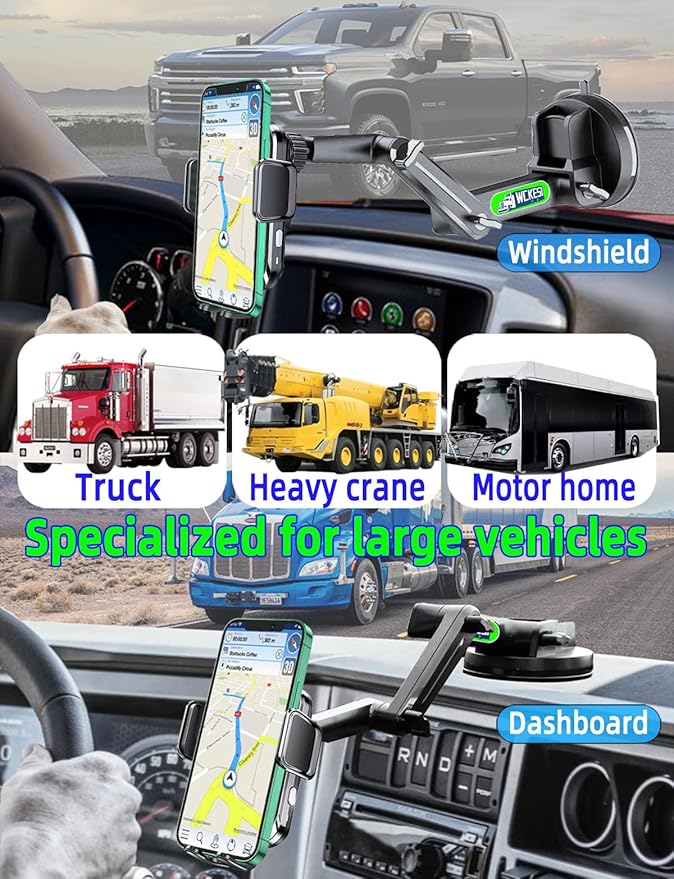 Truck Phone Holder Wireless Car Charger Mount, 15W Fast Charging Vacuum Phone Holders 14 inch Long Arm Heavy Duty Pickup Windshield and Dashboard, Trucks Accessories for iPhone Samsung LG