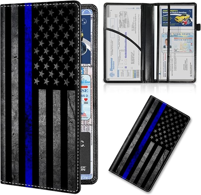 Car Registration and Insurance Card Holder, Premium Leather Vehicle Wallet Cover for Glove Box Car Organizer Drivers License / Cards / ID - Essentials Document Holder, Thin Blue Line American Flag