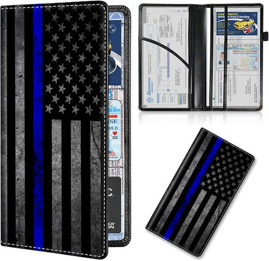 Car Registration and Insurance Card Holder, Premium Leather Vehicle Wallet Cover for Glove Box Car Organizer Drivers License / Cards / ID - Essentials Document Holder, Thin Blue Line American Flag