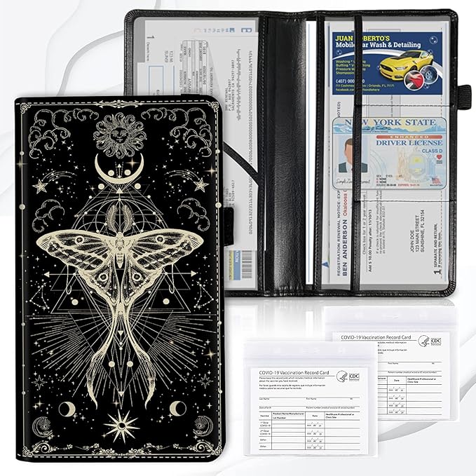 Car Registration and Insurance Card Holder, Premium PU Leather Vehicle Wallet Cover for Glove Box Car Organizer Drivers License/Cards/ID Essentials Document Holder, Witch Moth Moon Phase