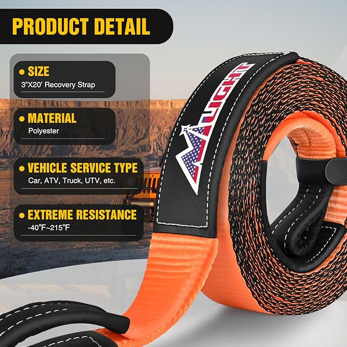 Nilight 3" x 20' Recovery Tow Strap Kit with 2" Hitch Receiver and 3/4" Anti-Theft D-Ring Shackles Storage Bag Heavy Duty Tow Rope for Car Truck SUV ATV (MBS 31500LBS)