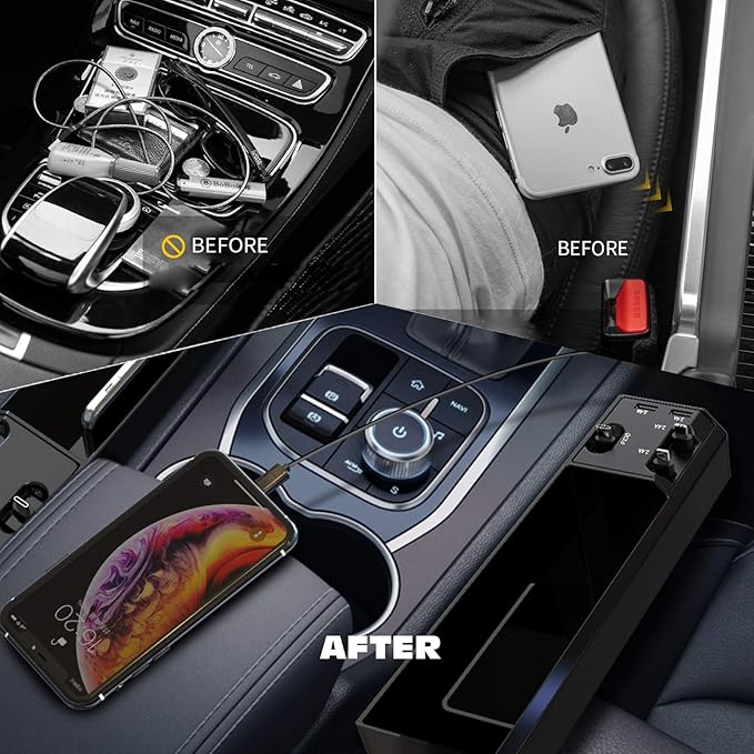 Car Seat Gap Filler Organizer with 2 USB Ports and 3 Charging Cable of Type C, iOS, Micro USB, Multifunctional Storage Box Advanced Console to Increase Space