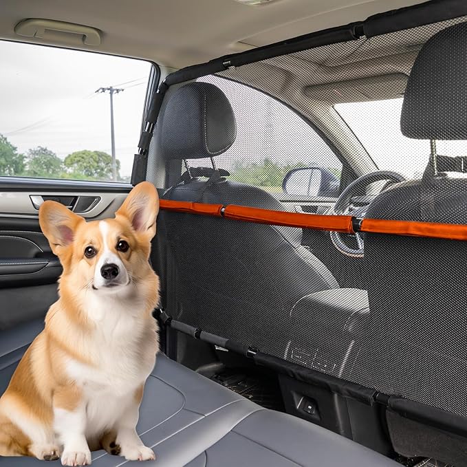 Dog Barrier for Car, 50" Wide SUV Dog Barrier for Cargo Area & 2nd 3rd Row Seats, Sturdy Dog Barrier for Small SUV & Truck with See-Through Net Mesh, Back Seat Divider for Mid-Sized Vehicle