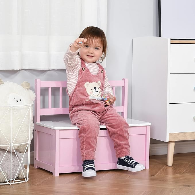 Qaba Toddler Toy Box Storage Bench with Large 27 Liter Interior, Kids Storage Bench Seat with Storage for Toddler Playroom Furniture, Kids Bedroom Furniture, Toy Organizer and Storage Bin Pink