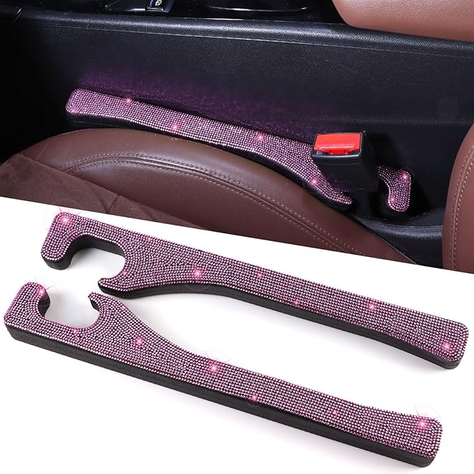Briwill Pink Car Seat Gap Filler, Set of 2 Pink Bling Car Gap Filler Universal Fit for Car SUV Truck, Handmade Crystal Rhinestone Diamond Pink Bling Car Accessories for Women(Pink)