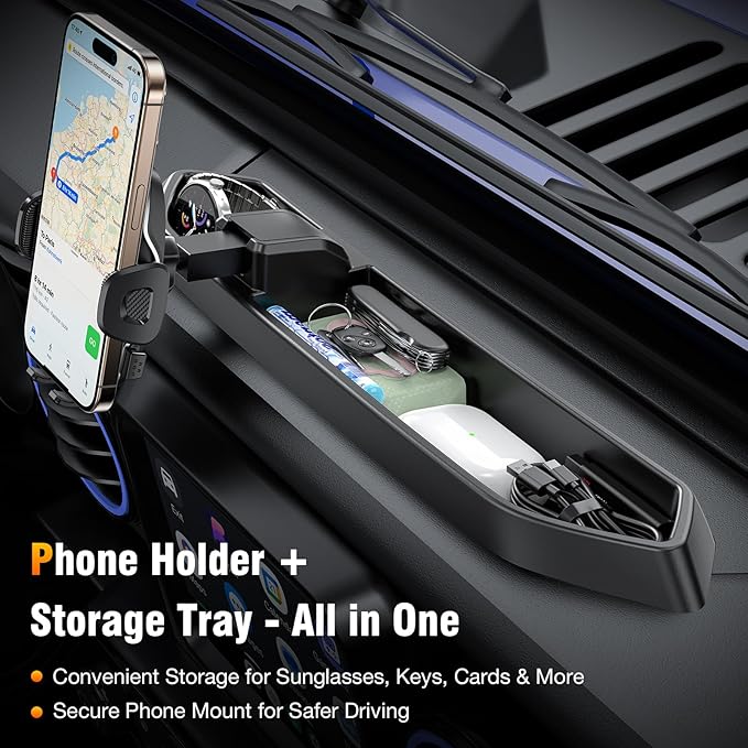 Dashboard Phone Mount for Jeep Wrangler JL JLU & Gladiator JT (2018–2023) – Storage Tray Organizer with Metal Clamp Arm & Extension Rod, Scratch-Free Silicone Base, No-Rattle Design, Not for 4xe