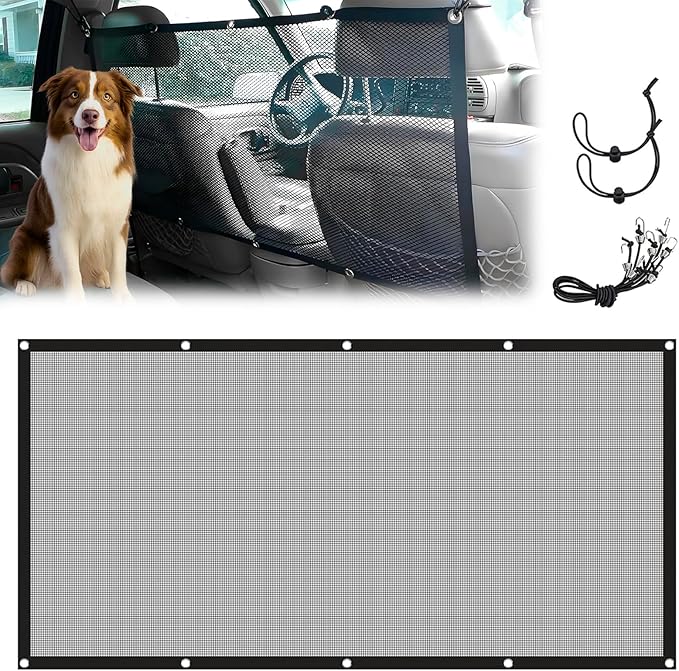 Dog Car Barrier Net,Universal Back Seat Barrier for Dogs with Adjustable Ropes & Hooks, One-Piece Mesh Divider for SUV, Pickup, Trucks, Vans