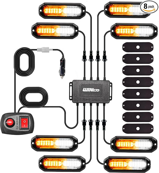 WINECO 8PCS LED Strobe Lights 12V Sync Feature Amber White 12LED Emergency Hazard Warning Lights with Strobe Controller for Trucks Vehicles ATV RV Cars Van