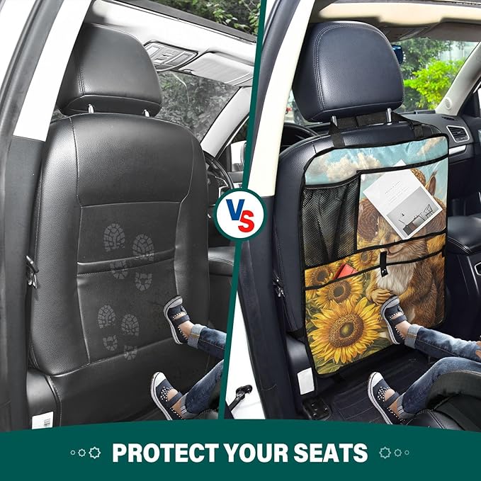 Sunflower Squirrel 2 Pack Backseat Car Organizer with Storage Pockets Seat Back Organizers for Kids Kick Mats Backseat Protector Automotive