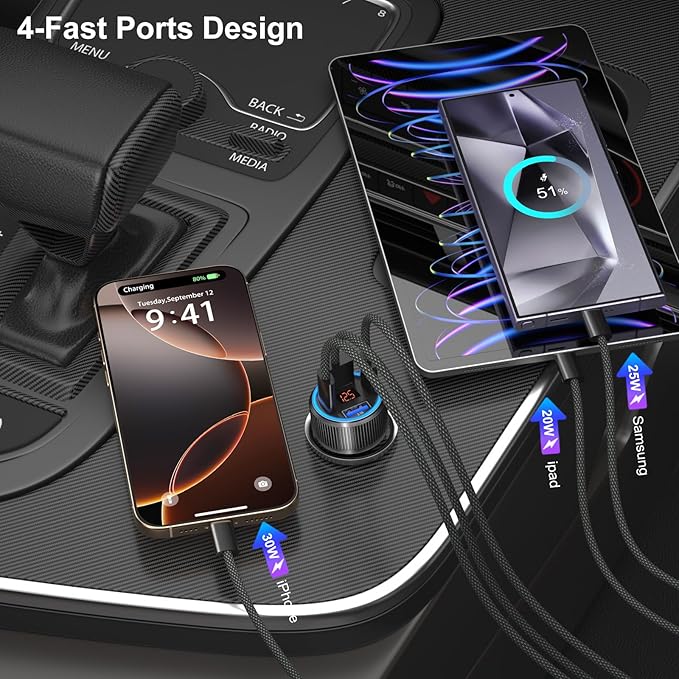 65W 4-Port USB C Super Fast Car Charger Type C for Samsung S26 S25 S24 Ultra A16 A17, iPhone 17/16e/16 Pro Max Dual 12V QC/PD 3.0 Fast Charging Cigarette Lighter Adapter with Voltmeter+2X USB C Cable