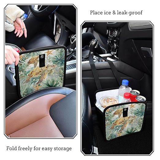Car Trash Can Organizer Bin with Adjustable Strap for Back Front Seat Console Waterproof Leakproof Collapsible Portable 11 Inch Sea Turtle Starfish Plants