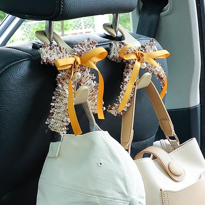 Amooca Car Seat Headrest Hook Cute Bowknot Vehicle Hanger Car Storage Organizer for Handbag Purse Coat Grocery Bag Beige Yellow