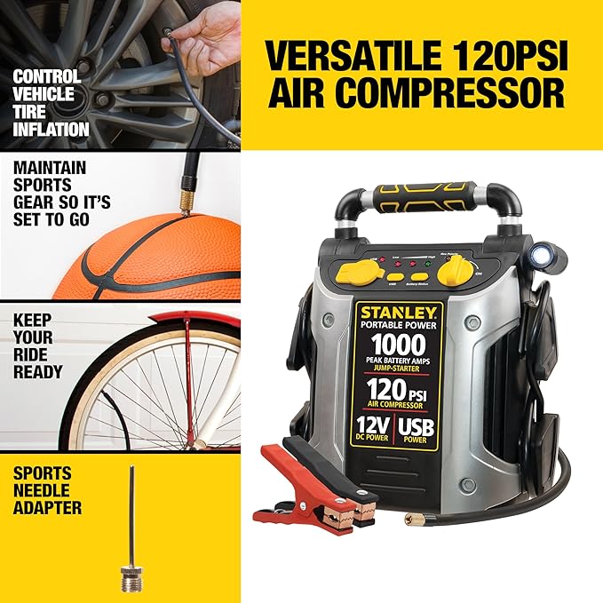 STANLEY J5C09 1000 Peak Amp Automotive Jump Starter, Portable Power – 2.1A/10W USB Port, 12V Outlet, 120 PSI Air Compressor for Tires, Bikes & Sports Equipment