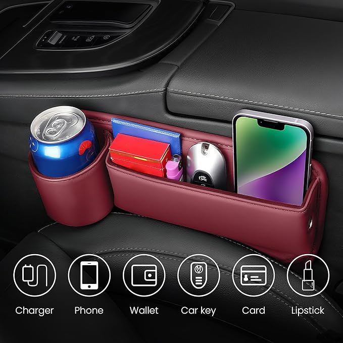 2 Packs Universal Fit Car Seat Gap Filler Organizer, Premium Leather Anti-Drop Car Side Gap Storage with Cup Holder for Phone, Keys, Sunglasses & Drinks (Brown)