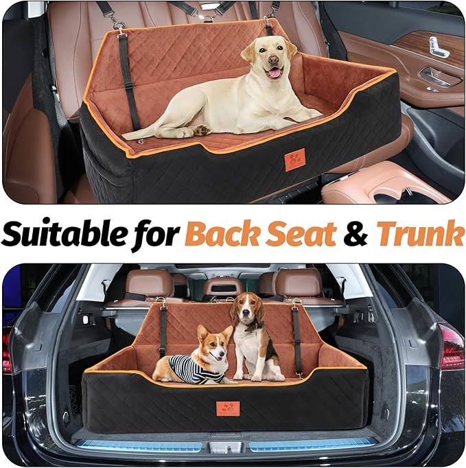 XIEEAOZEE Large Dog Car Seat, Memory Foam Dog Car Bed for Backseat & Trunk, Washable Pet Booster Seat Under 100 lbs or 2 Medium Dogs, Pet Travel Seat with Storage Pockets,2 Safety Belts