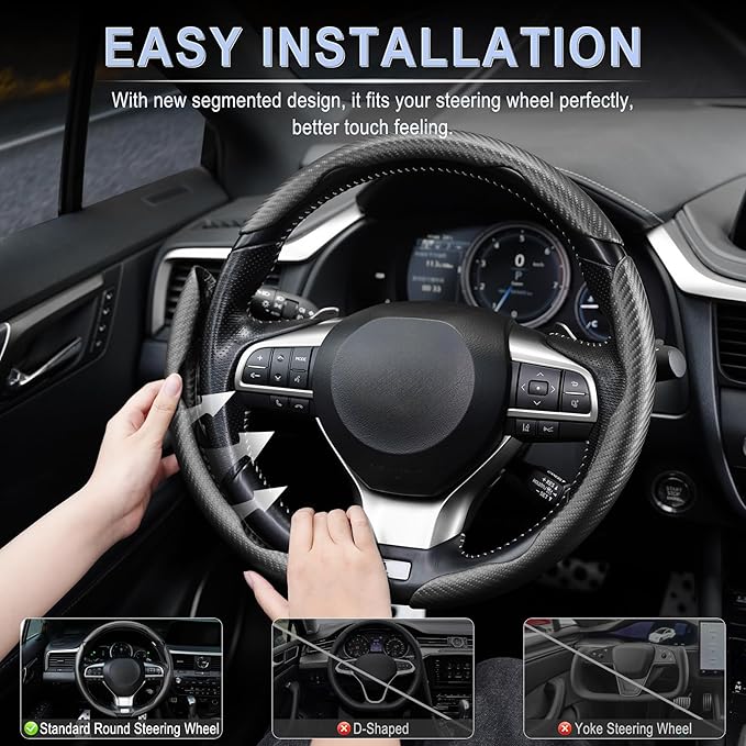 Amiss 3pcs Carbon Fiber Anti-Skid Steering Wheel Cover, Waterproof & Segmented Butterfly Design, Universal 99% Vehicle Wheel Cover Protector, Car Interior Accessories (Black-3pcs)