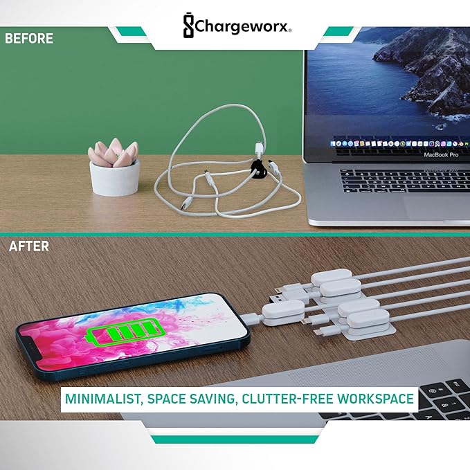 CHARGEWORX Magnetic Cable Clips 20-Pack – Adhesive Cord Organizer for Desk, Wall, Nightstand & Car – Magnetic Cable Holder for USB-C, Lightning, HDMI & Charging Cables – Cable Management Clips
