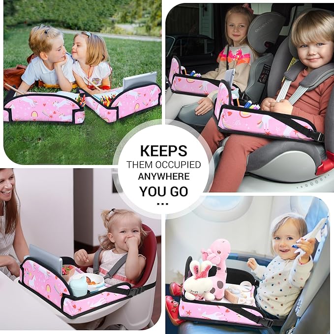 COOLBEBE Kids Travel Tray for Toddler Car Seat, Travel Tray for Airplane, Toddler Car Seat Lap Tray, Carseat Table Tray for Kids (Pink Unicorn, 2Pack)