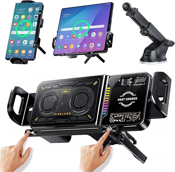 15W Fast Wireless Car Charger Mount, MagSafe Compatible Auto-Clamping & Auto 90° Rotating Phone Holder with Built-in Battery, One-Touch Control, RGB LED Light, Dashboard & Vent Mount