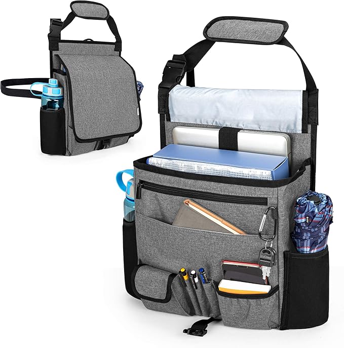 LUXJA Car Front Seat Organizer with Cover and Laptop Sleeve, Car Seat Organizer with Back Adjustable Straps, Gray