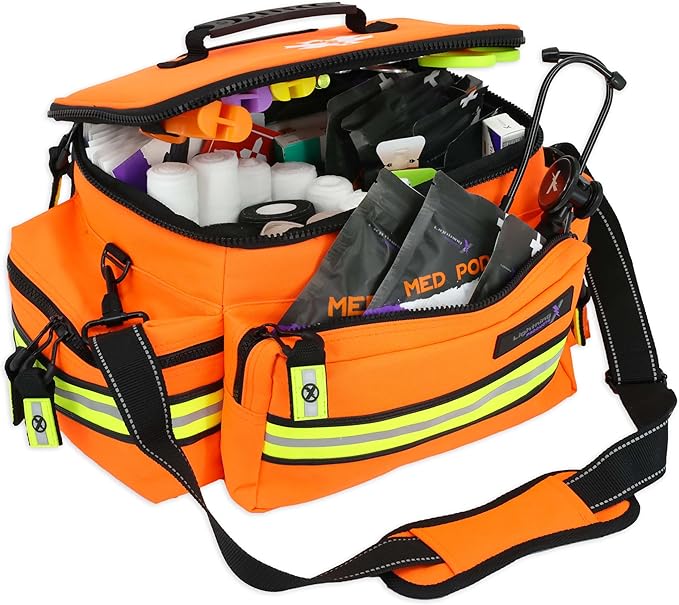 Lightning X Mid-Sized First Responder EMT Bag | LXMB25 | Fully Stocked w/ 240+ First Aid, EMS & Trauma Supplies - Orange