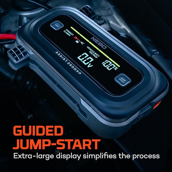 NEBO Assist 2500XP+ Jump Starter | 3-in-1 2500 Amps Jump Starter, Charger, Illuminated Floodlight, USB Compatible, Automotive, Emergency, Spark-Proof Safety