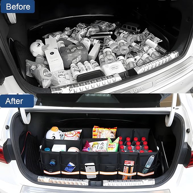 Trunk Storage Organizer with Lid, 35cm Small 36L Collapsible Car Trunk Organizer,Small Car Organizer Aluminium Handle, Car Accessories for Sedan Auto SUV Truck Minivan Road Emergency Black