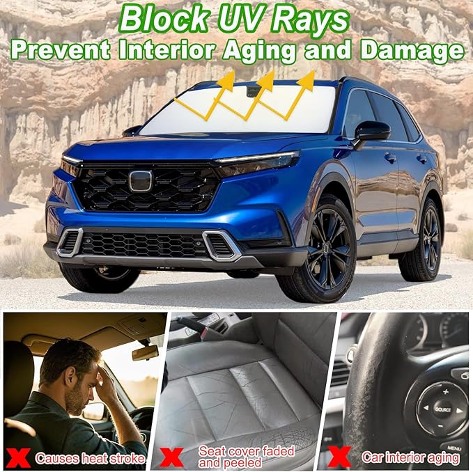 PIMCAR Windshield Sun Shade for Honda CRV 2023-2026, Premium 310T Reflective Polyester UV Blocker, Lightweight Foldable Sun Visor with Storage Pouch