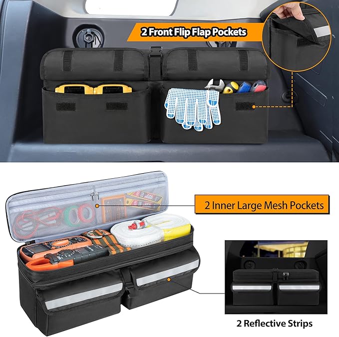 Car Trunk Organizer Compatible With Toyota FJ Cruiser 2007-2021, Multifunctional Car Storage Box with Lid, Double Layer Bag with 3 Wide Hook & Loop Tapes, Both Side with Straps to Fix, Black