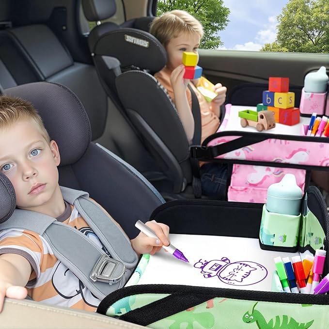 Kids Travel Tray for Toddler Car Seat, Road Trip Activities for Kids with iPad Holder Stand & Dry Erase Board, Road Trip Essentials Accessories Lap Tray as Travel Gifts for Kid, 2PC