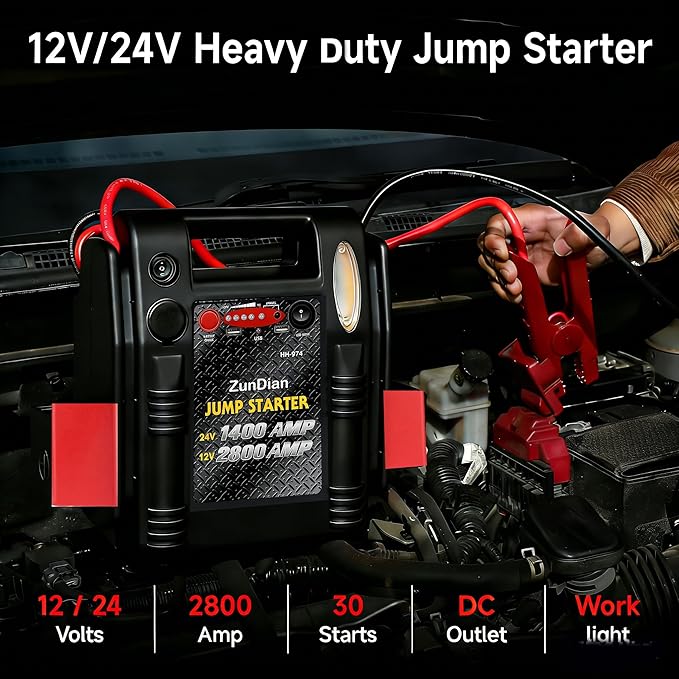12V/24V Jump Starter - ZunDian 2800/1400 Amp Heavy Duty Jump Box, Works with Truck Tractor Excavator Automotive Engine Starter Battery Charger Booster Jumper Box with USB/DC Power Unit