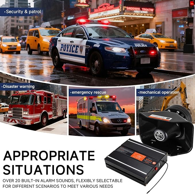 Warning Emergency Siren 12V Police Siren Speaker PA System Kit 200W 125-150dB Remote Control with Handheld Microphone for Car Ambulance Vehicles Fire Truck SUV ATV UTV