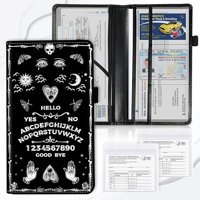 Car Registration and Insurance Card Holder, Premium Leather Vehicle Wallet Cover for Glove Box Car Organizer Drivers License/Cards/ID - Essentials Document Holder, Spirit Ouija Board