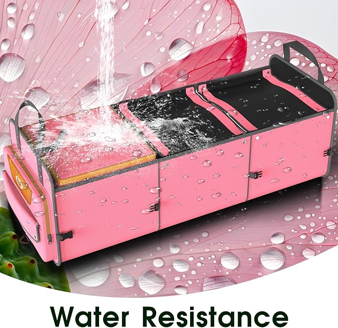 Car Trunk Organizer for SUV, Heavy Duty Waterproof Trunk Organizer, Foldable Collapsible Car Organizer with Cooler, Multi-Compartment Large Trunk Organizer (95L), Pink-M003