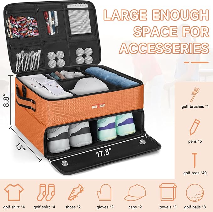 ANILD Golf Trunk Organizer, 2 Layer Golf Storage Case with Separate Ventilated Compartment for 2 Pair Shoes, for Balls, Tees, Clothes, Gloves, Accessories, Golfer Gifts