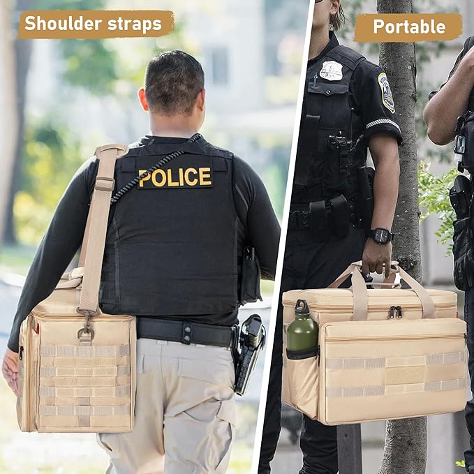 Patrol Bag Law Enforcement, Police Gear Bag Car Front Seat Organizer for Police with Laptop Layer and Cup Holders, MOLLE System, Fits Vehicle Passenger Seat Khaki
