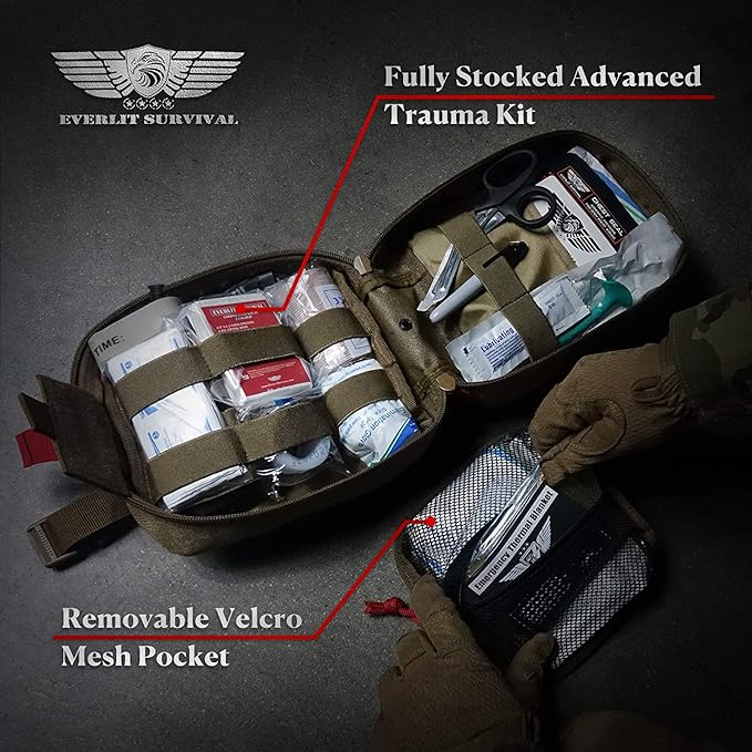 EVERLIT Advanced Trauma Kit, CAT GEN-7 Tourniquet, TCCC Compliant, Mil-Spec Nylon Laser Cut Pouch with 36" Splint, Military Combat Tactical IFAK for Emergency Bleeding Control