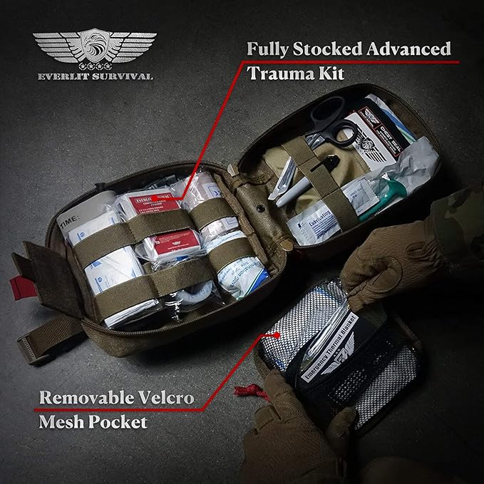 EVERLIT Advanced Trauma Kit, CAT GEN-7 Tourniquet, TCCC Compliant, Mil-Spec Nylon Laser Cut Pouch with 36" Splint, Military Combat Tactical IFAK for Emergency Bleeding Control