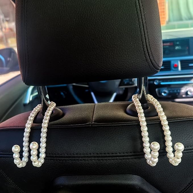 2 PCS Elegant Pearl Car Seat Headrest Hook, Cute Car Seat Hook Hanger Storage Organizer for Handbag Purse, Interior Decoration Headrest Hanger for Women (2PCS White Pearl)