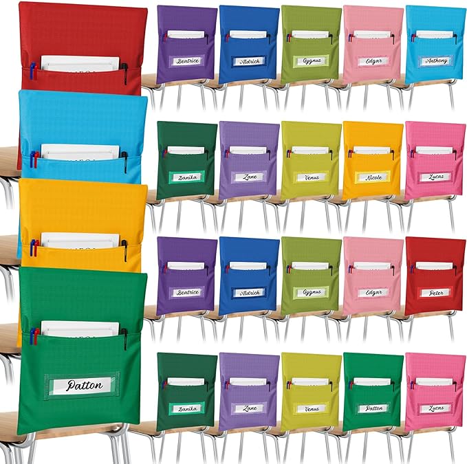 Chair Pockets for Classroom Chairback Pocket Chart 14 x 18 Inch Desk Organizer Pocket Chair Bag for Seat School Classroom (Classic,Bright,24 Pcs)