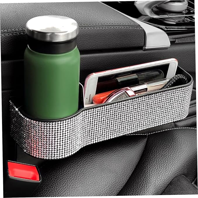 2Pcs Car Seat Gap Filler Organizer, Bling Bling Car Seat Organizer with Cup Holders & Charging Hole, Console Storage with Crystal Rhinestones Diamond