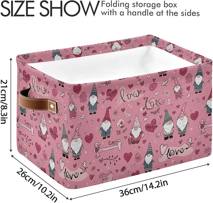 Happy Valentines Day Pink Storage Basket with Waterproof Liner and PU Handles Love Gnome Flowers Gift Storage Bins Boxes 14.2" Collapsible Decorative Organizer Baskets for Bedroom Closet Office 1 Pack
