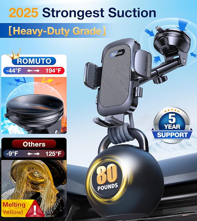 Romuto Car Phone Holder Mount【Strongest Suction】 Phone Mount for Car Cell Phone Holders for Your Car Accessories for Women Men Dashboard/Windshield/Vent/Camera Mounts Stand Holder for iPhone Samsung
