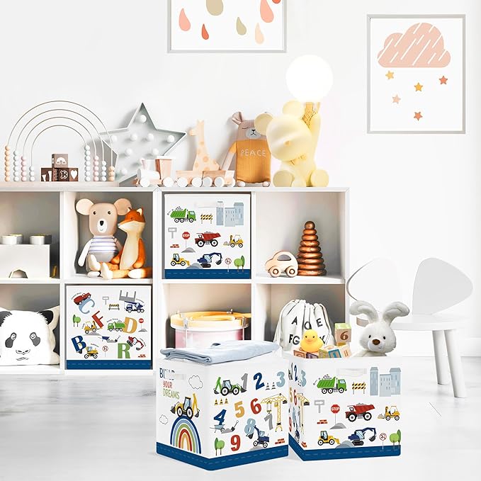 Clastyle Cars Storage Cube Organizer Set Handle Closet Clothes Cube with Metal Frame Foldable Parents Organizer Storage Basket for Book Toy,Number Letter,11.8x11.8x11.8 in