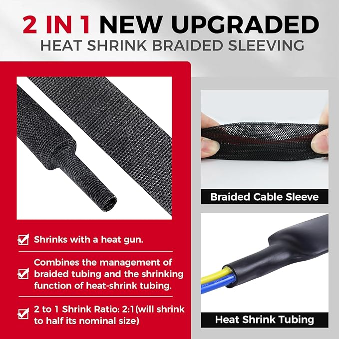2 to 1 Heat Shrink Braided Sleeving 3/4" - 24 feet Pliable Shrinkable Fabric Sleeve for Protection Cable/Wire/Irregular Shape Hose