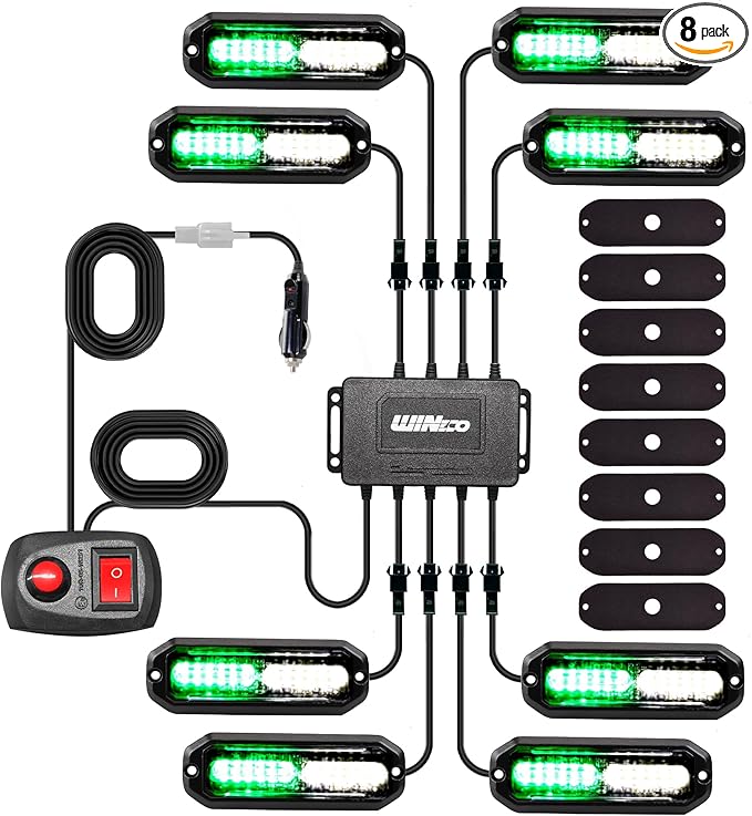 WINECO 8PCS LED Strobe Lights 12V Sync Feature Green White 12LED Emergency Hazard Warning Lights with Strobe Controller for Trucks Vehicles ATV RV Cars Van