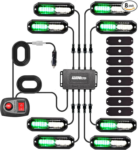WINECO 8PCS LED Strobe Lights 12V Sync Feature Green White 12LED Emergency Hazard Warning Lights with Strobe Controller for Trucks Vehicles ATV RV Cars Van