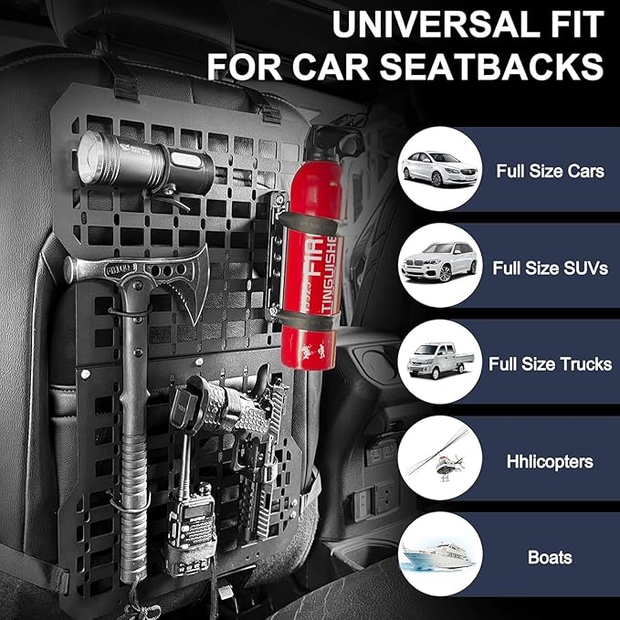 Rigid Molle Panels For Vehicles Truck Mount Rack Panel with Fire Extinguisher Mout & Hook and Loop Fasteners & Elastic Rope Tactical Seat Back Organizer Adjustable Versatile Panel